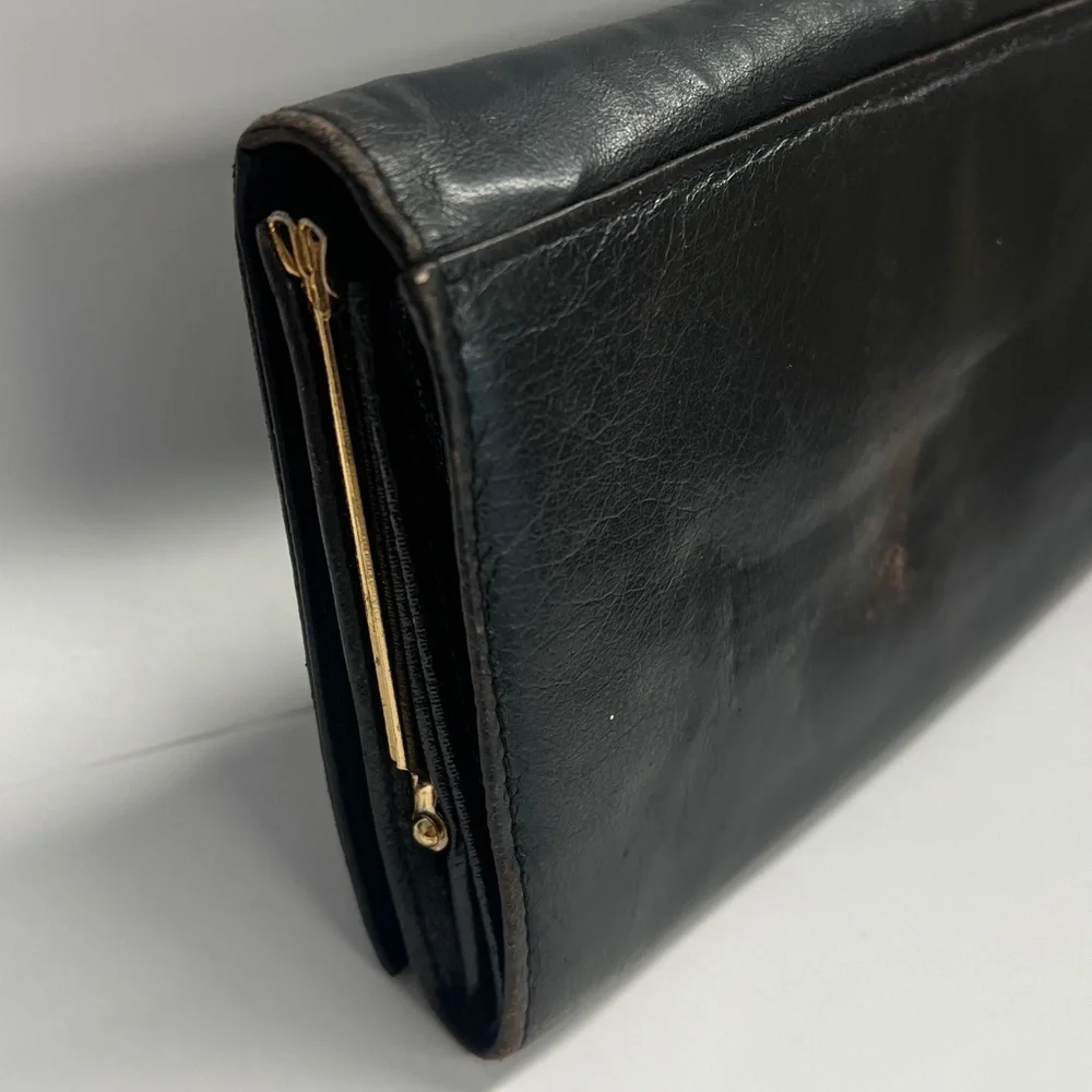 Black Leather Long Bifold Snap Clutch Wallet
